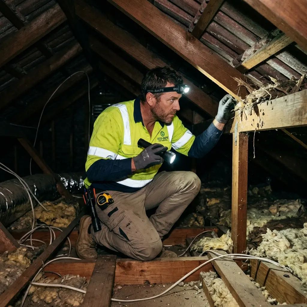 Technician inspecting a roof cavity for a dead animal in Humevale
