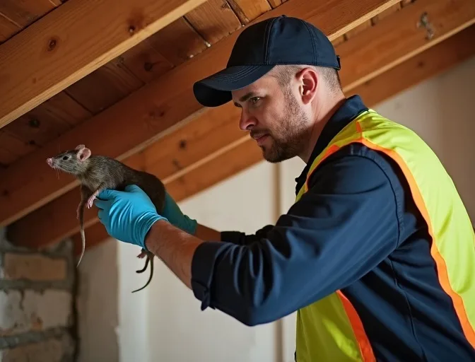 Technician inspecting a roof cavity for a dead rat in Humevale